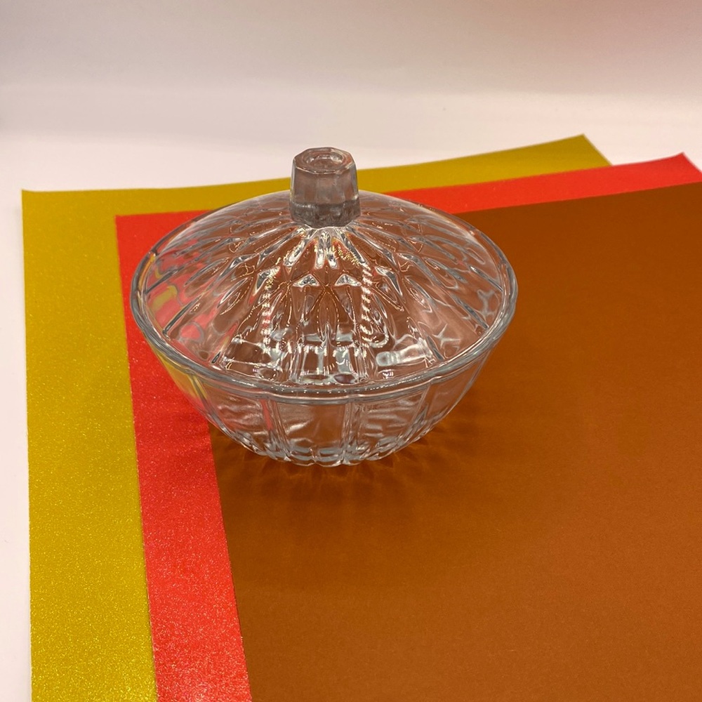 Vintage Pressed Design Candy Dish With Lid. Clear Glass.